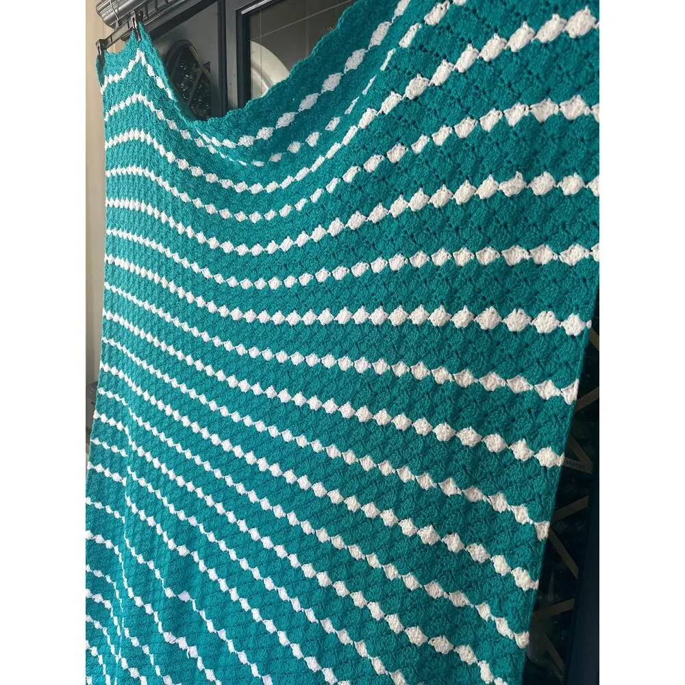 Handmade afghan crochet granny blanket teal turquoise and white stripe scalloped